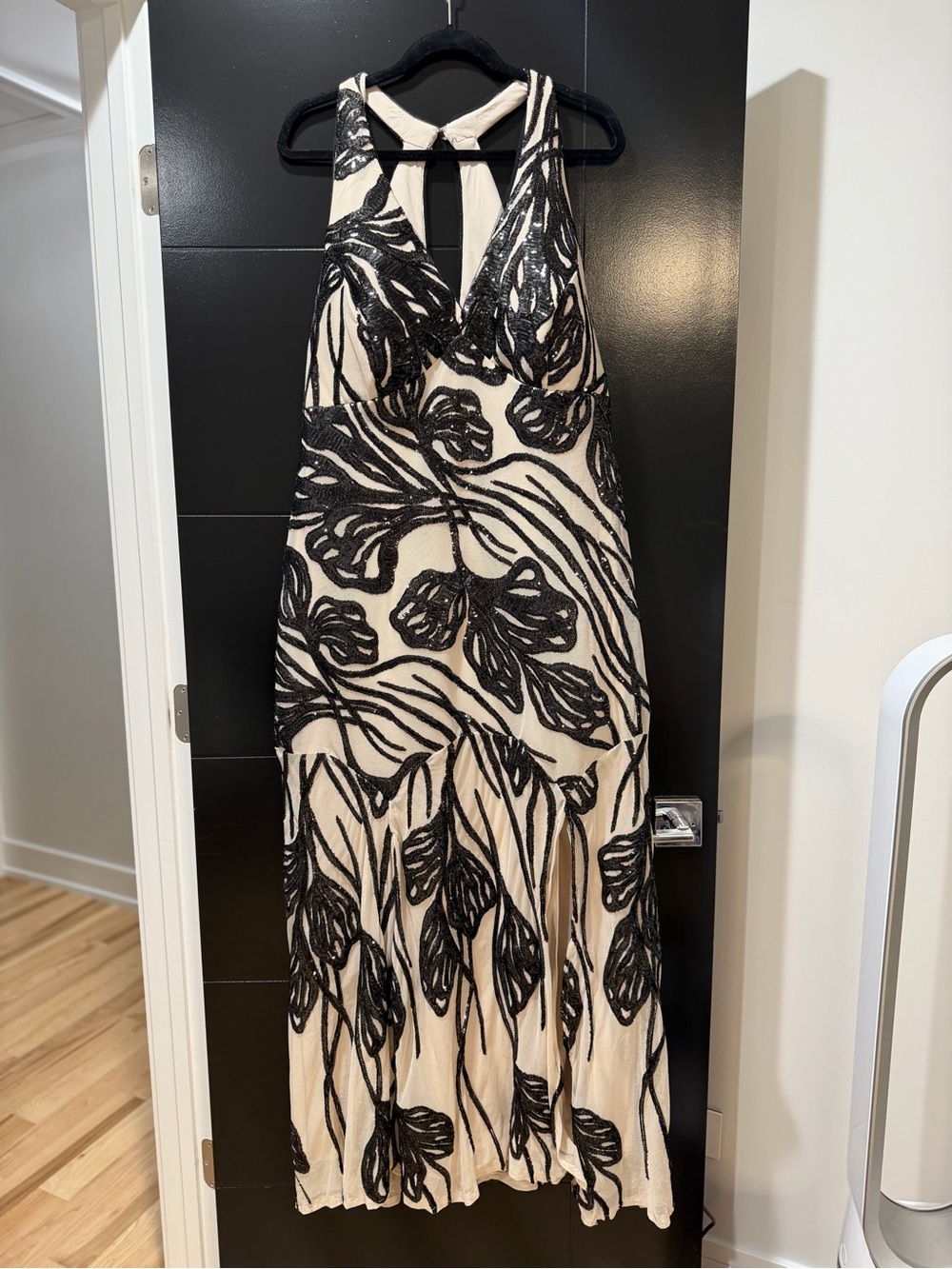 R&M Richards Cream Halter Maxi with Black Floral Sequin Accents
